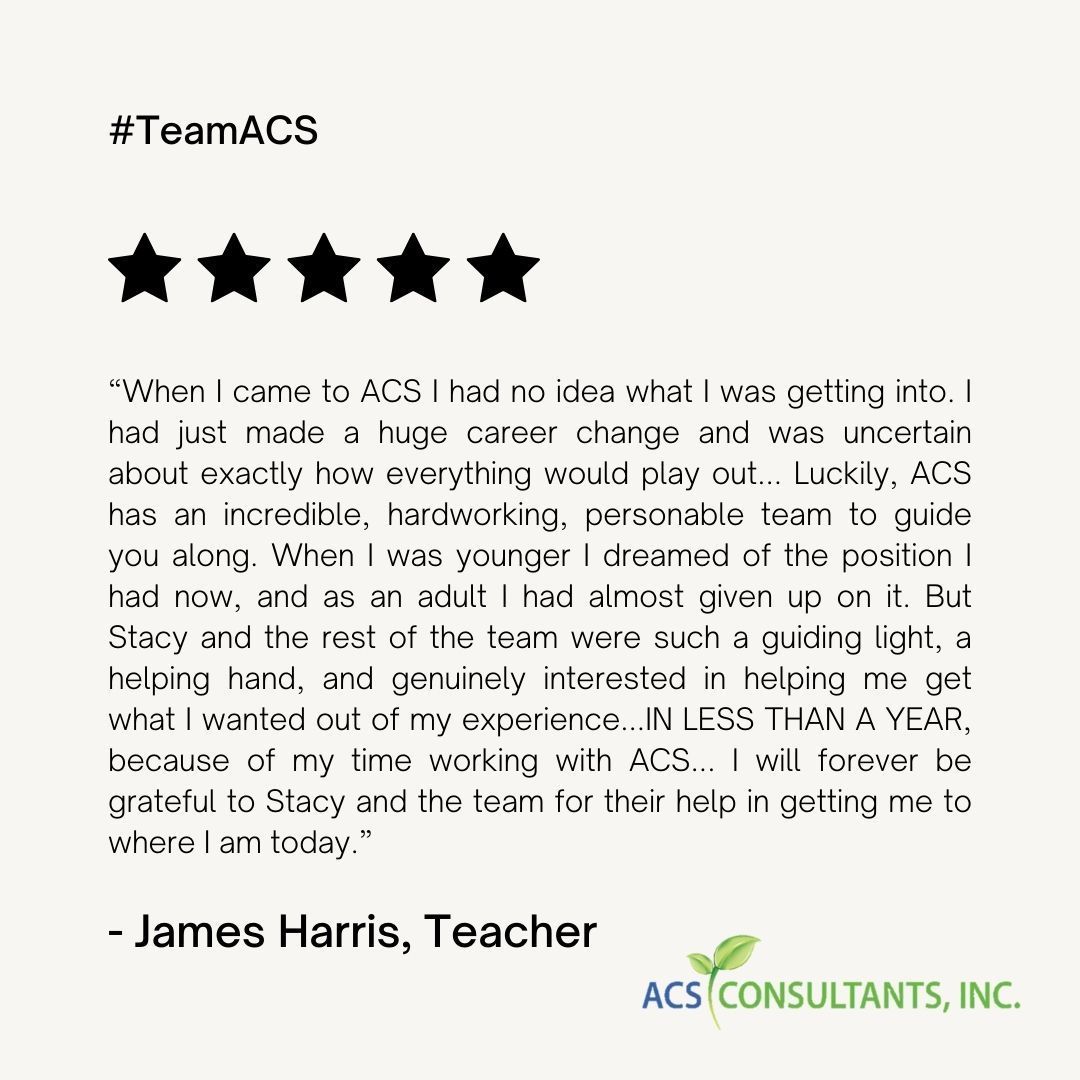 We're thrilled to receive such positive feedback from our amazing contractors! 🙌 Thank you James for your kind words and for choosing ACS to help you live out your professional aspirations. #ContractorSatisfaction #Grateful #TeamACS