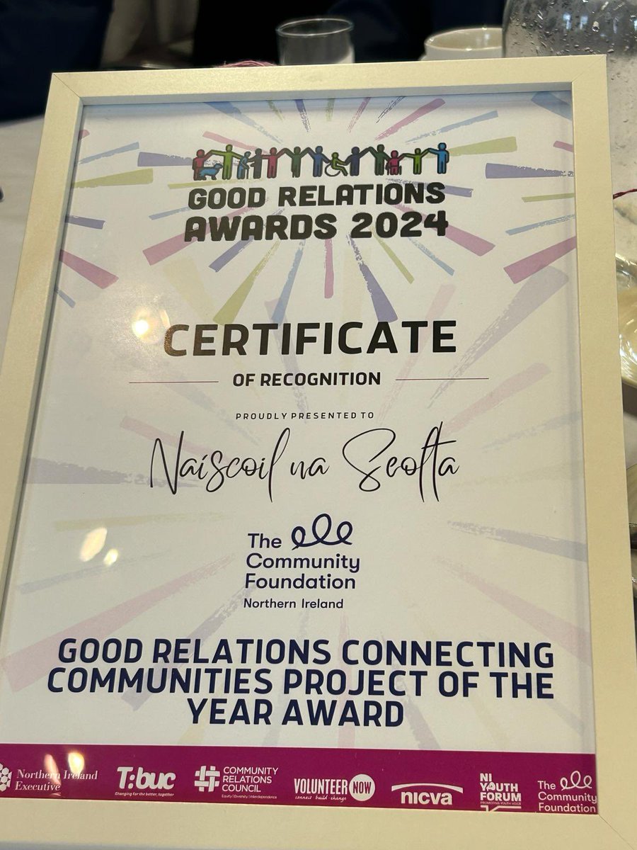 Delighted that Naíscoil na Seolta has won a Recognition Award for the Good Relations Connecting Communities Award 2024 🎉 Go raibh míle maith agaibh! #GRAWARDS @NI_CRC @ExecOfficeNI