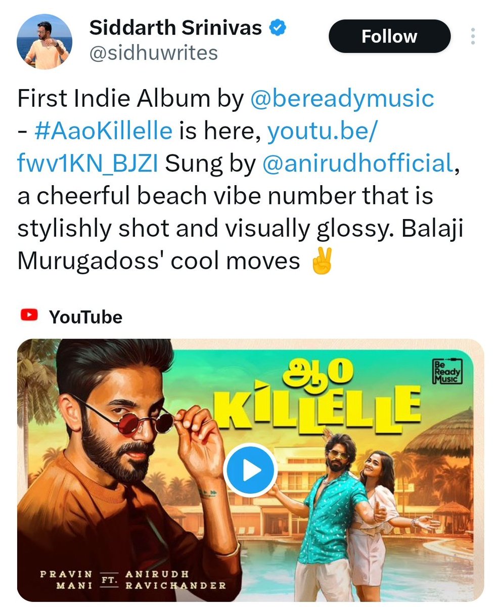 ramana10981525's tweet photo. Exact feedback 💥💥❤️🔥🎉🎊  #BalajiMurugadoss𓃵 #BalajiMurugadoss #Anirudh #AnirudhRavichander #Pravinmani  #Vaishali #Kaavya #Donglijumbo #Richardson #Musicvideo #musicindustry #MUSICFAIR  #Aaokillelle  #BiggBossTamil  #Bereadymusic #BiggBoss #musicnews https://t.co/x2i0OPJJdx