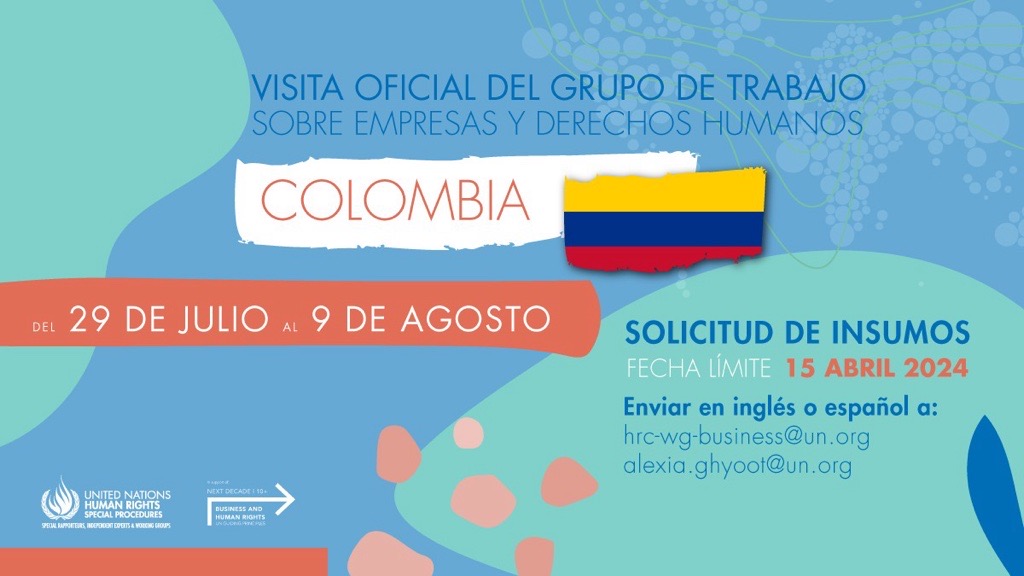 🇨🇴 El @WGBizHRs visitará #Colombia del 29 de julio al 9 de agosto de 2024. ¡Tu opinión cuenta! Fecha límite: 15 de abril de 2024. Más información: ohchr.org/es/calls-for-i… @dsolawuyi @InclusiveLaw @eastforeden @fernanda_ho @UN_SPExperts