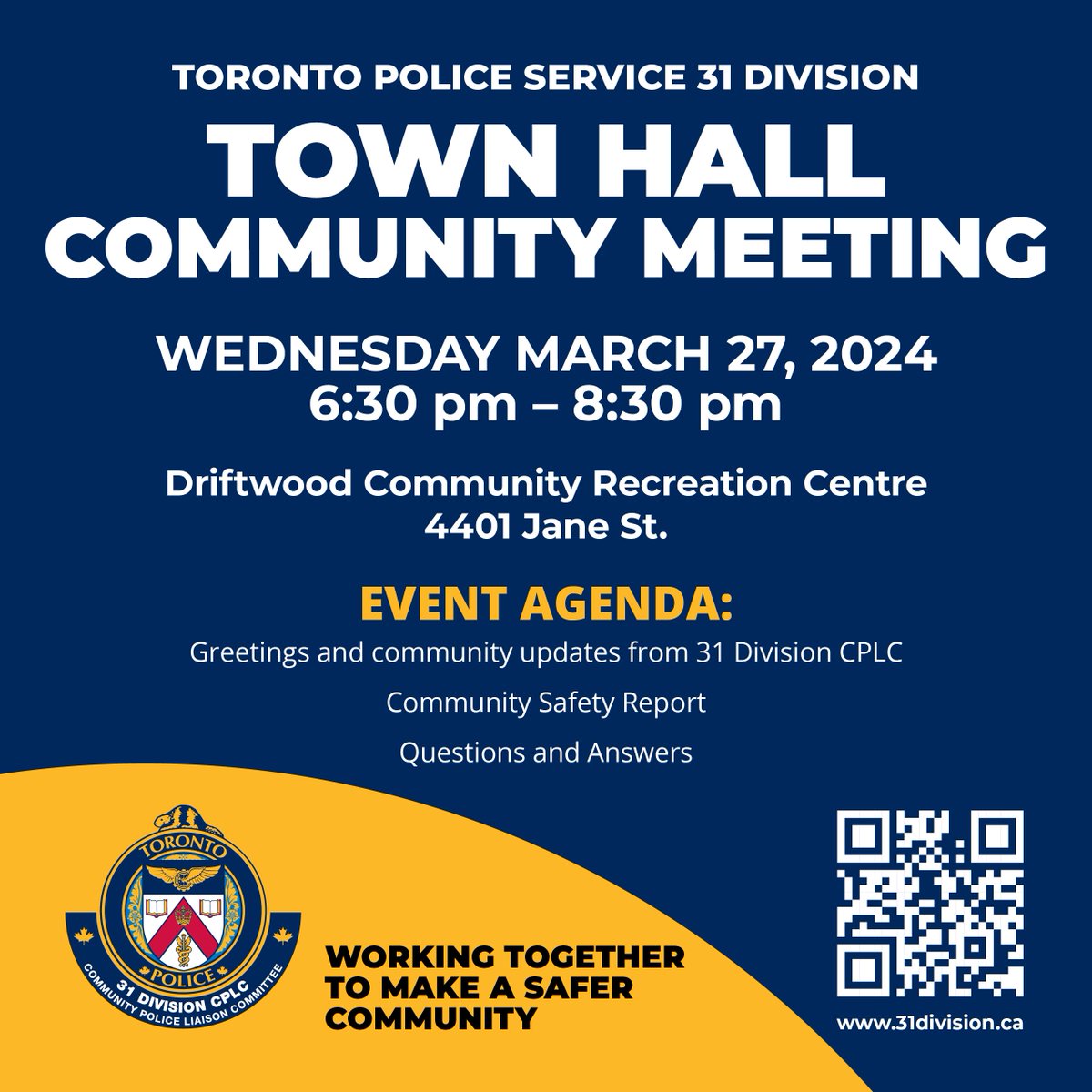 Our next Community Town Hall meeting is scheduled for Wednesday, March 27th at the Driftwood Community Recreation Centre at 6:30pm.

Representatives from <a href="/TorontoPolice/">Toronto Police</a> , <a href="/TOHousing/">Toronto Community Housing</a> , and <a href="/SafeCity_TO/">SafeTO</a> will be present to answer your questions. 

All are welcome!