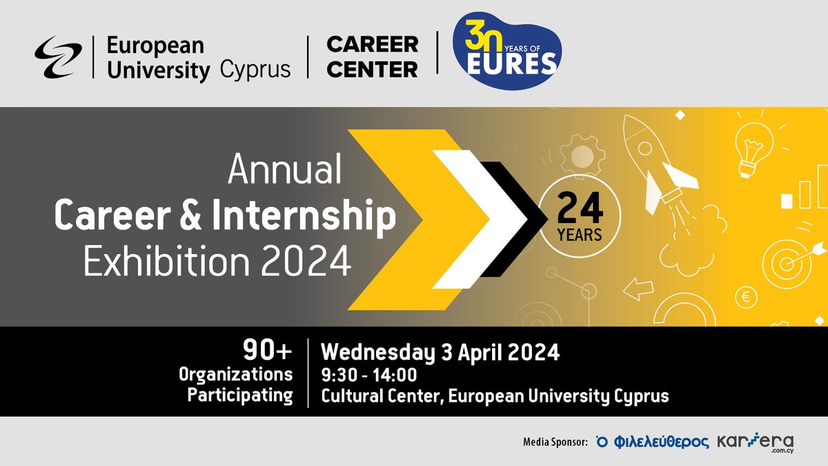 Join us at the 24th Annual #Career & #Internship Exhibition 2024. 90+ organizations participating. 📅Wednesday 3 April, 2024 🕤 9:30 - 14:00 📍 Cultural Center, European University Cyprus Learn more: euc.ac.cy/en/events/24th… #proudtobeeuc #careerfair #employmentopportunities