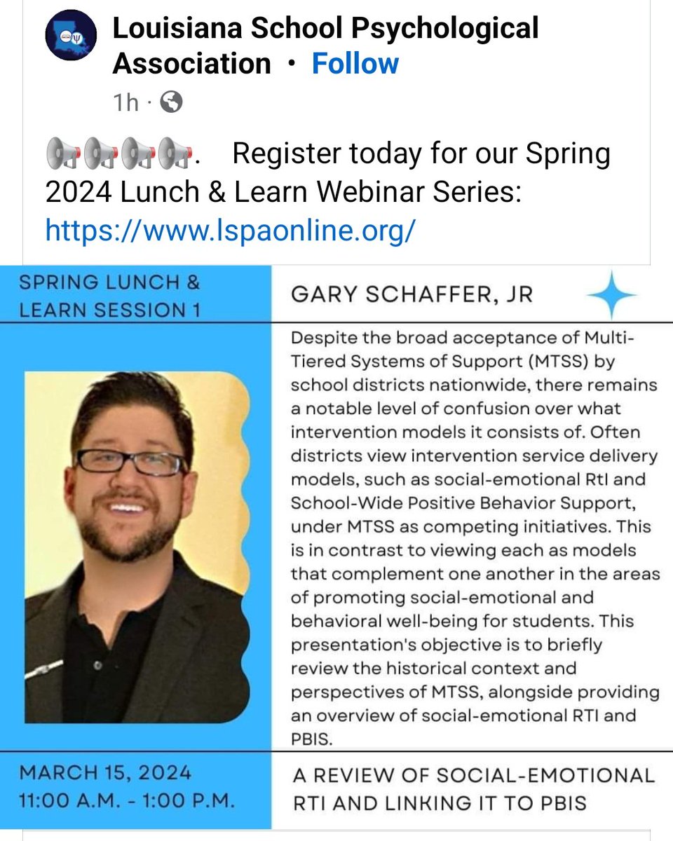 📢📢📢📢
Looking forward to presenting on #mtss this week and providing at overview of #socialemotional #RTI for the Louisiana School Psychological Association at their spring 2024 Lunch & Learn Webinar Series: lnkd.in/gMNBX46e