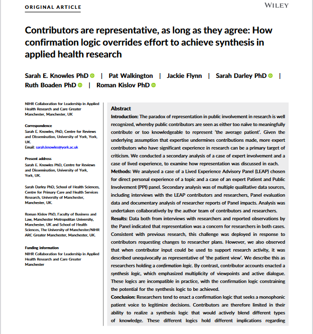 @lynn_laidlaw Yep. This is the 'paradox of representation' whereby public contributors are seen as either too naïve to meaningfully contribute, or too knowledgeable to represent 'the average patient'. More from the great @dr_know via this paper: pxlib.net/278 #PatientExperience