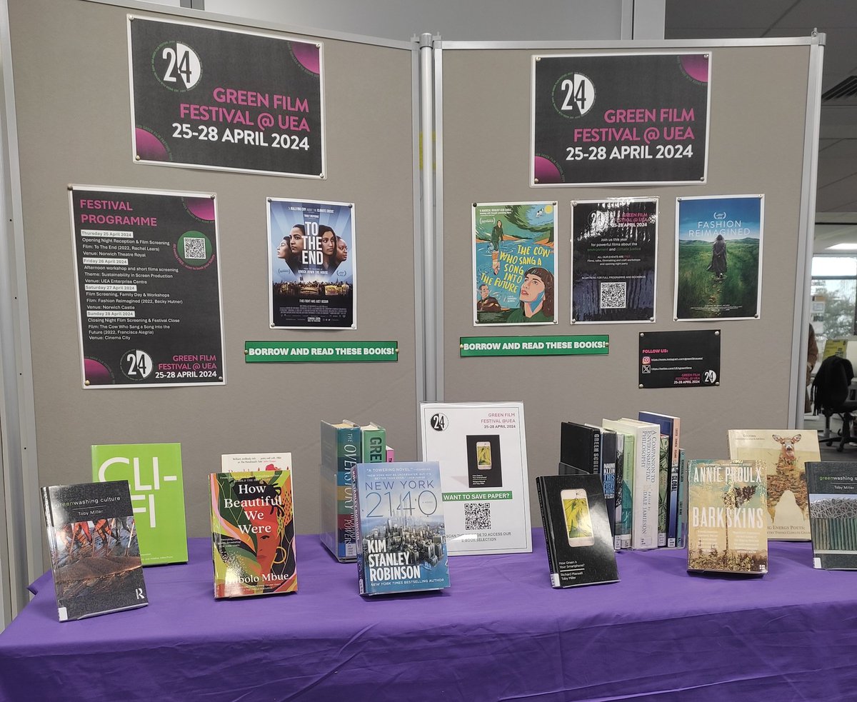 The UEA GFF 2024 Book Display is now available at UEA Library! 📚💚 Our collection includes thought-provoking books such as 'How Green is your Smartphone', 'Greenwashing culture' and 'Greenwashing Sport', by @greencitizen . @UEALibrary #ueagreenfilmfestival #sustainability