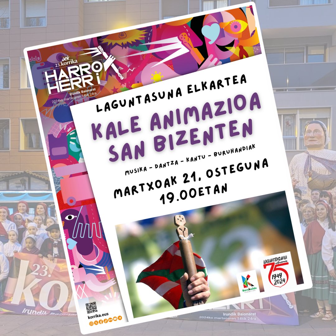 laguntasuna's tweet image. 𝗛𝗲𝗺𝗲𝗻 𝗱𝗮 #𝗞𝗼𝗿𝗿𝗶𝗸𝗮!!
Martxoaren 21ean (osteguna) Korrika pasako da San Bizentetik 🤩
👉 Heldu baino lehen, 19.00etatik aurrera auzotik ibiliko gara gure kultura kalera ateratzen eta giroa sortzen. Animatu eta etorri gurekin euskararen alde egitera!! 💪🏻
#laguntasuna75