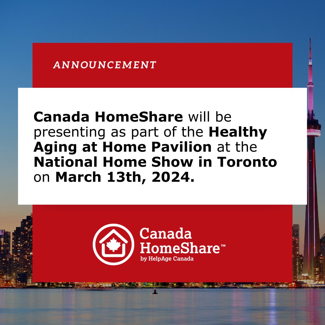 Join us at the National Home Show in Toronto on March 13th, 2024, as Canada HomeShare takes the stage at the Healthy Aging at Home Pavilion at 12:00 PM and 2:00 PM. Visit us to hear about the transformative benefits of homesharing for older adults. @homeshowsTO