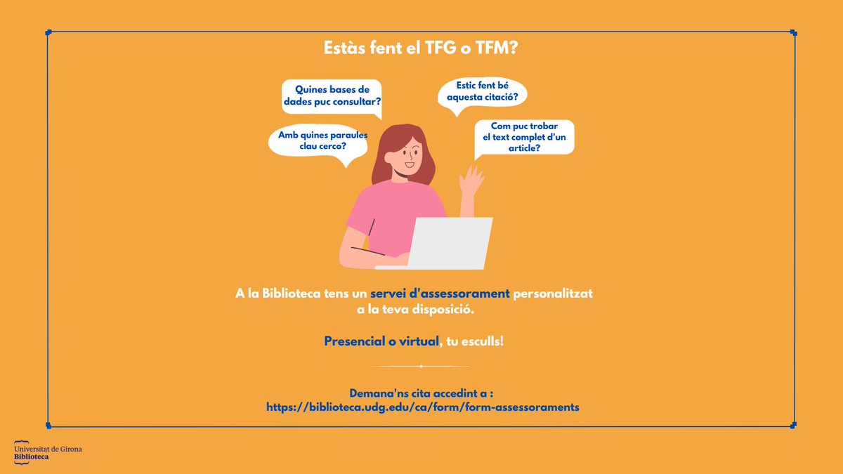 UdGBiblioteca's tweet photo. 📢Sabies que a la @UdGBiblioteca
disposem d’un servei d’assessorament personalitzat? Demana'ns cita a 👉https://t.co/lfv3TJbb5b

Més info 
👇👇👇👇 https://t.co/J7EY0UbrW1