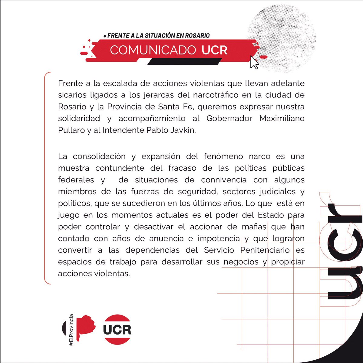 UCRBuenosAires's tweet photo. Frente a la escalada de acciones violentas que llevan adelante sicarios ligados a los jerarcas del narcotráfico en la ciudad de Rosario y la Provincia de Santa Fe, queremos expresar nuestra solidaridad y acompañamiento al Gobernador @maxipullaro y al Intendente @pablojavkin https://t.co/TdGOsV2tgQ
