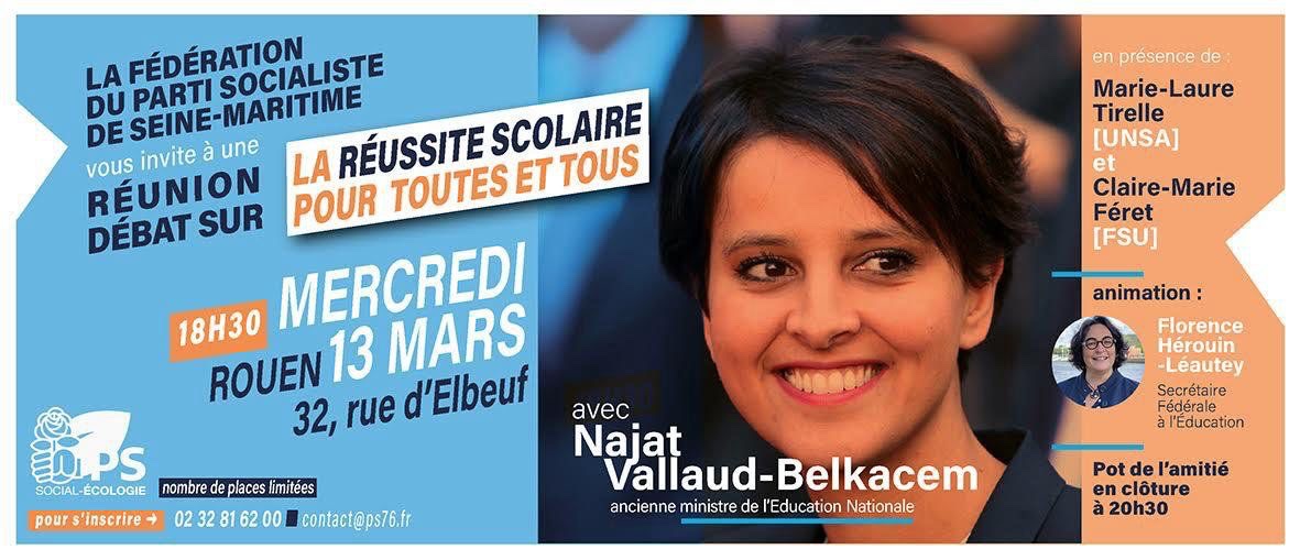 Demain, à Rouen, le <a href="/partisocialiste/">Parti socialiste</a> 76 organise un grand débat sur l’#Éducation, animé par <a href="/Fleautey/">Florence Hérouin Léautey</a>. Il réunira <a href="/najatvb/">Najat Vallaud-Belkacem</a>, ancienne ministre de l’Éducation nationale, ainsi que deux représentantes syndicales : <a href="/cmferet/">Claire-Marie Feret</a> (FSU) et <a href="/MLTirelle/">Marie-Laure Tirelle</a> (UNSA). #école