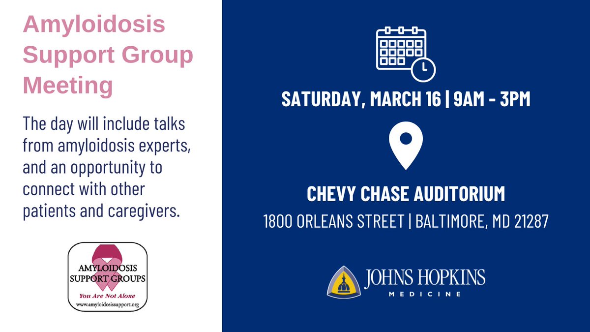 Don't miss it! <a href="/AmyloidosisSupp/">Amyloidosis Support</a> group meeting for patients with amyloidosis and their caregivers <a href="/HopkinsMedicine/">Johns Hopkins Medicine</a> this Saturday.
Full schedule and registration: conta.cc/3w3ReK7
<a href="/KSharmaMD/">Kavita Sharma</a> <a href="/jvaishnavmd/">Joban Vaishnav</a>