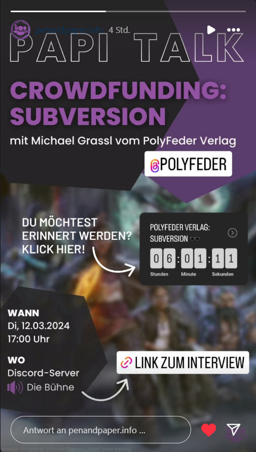 polyfeder's tweet image. Ihr habt Fragen zu Subversion? Dann guckt doch heute bei unseren Freunden von  @PenandpaperB vorbei. Micha ist zu Gast und live im Gespräch auf dem Discord von PenandpaerInfo: discord.gg/pnpinfo 📷
#pnpde #subversionRPG
