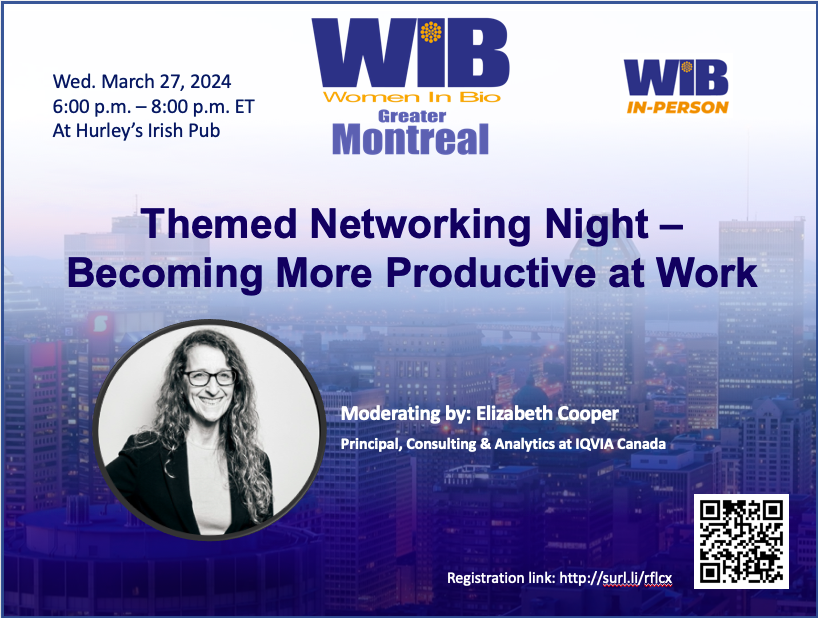 Join us for a networking evening as we delve into the theme of “Becoming More Productive at Work.” This unique event will be moderated by our chapter’s own Liz Cooper and is designed for professionals across the life sciences sector.Register here: community.womeninbio.org/event/montreal…