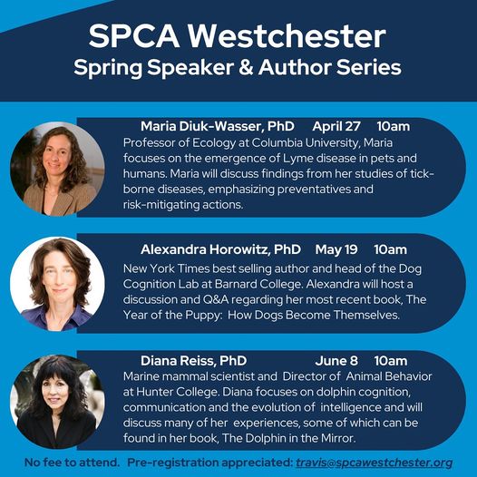 Join us at the SPCA on April 27, May 19 or June 8 to engage with leading thinkers, researchers, scientists and authors at our Spring Speaker and Author Series. Email travis@spcawestchester.org to pre-register (not required but appreciated).