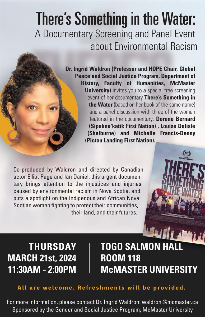 Come to a documentary screening of 'There's Something the Water,' produced by Humanities professor Dr. Waldron and directed by Canadian actors Elliot Page and Ian Daniel. Join us on Thursday, March 21, at 11:30 in TSH 118.