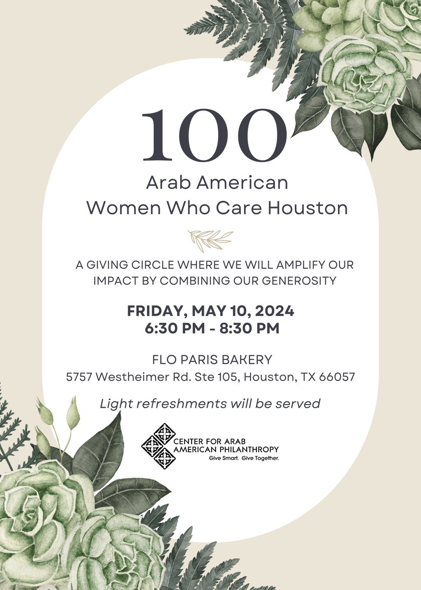 Join us for Houston, Texas' inaugural 100 Arab American Women Who Care, taking place on Friday, May 10, 2024! 💚 At this giving circle, we will be pooling our generosity into one grant for an organization we collectively vote on. Register at centeraap.org/events/100-ara…