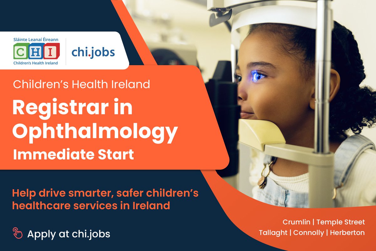CHI is leading the clinical and operational transformation of acute paediatric healthcare in Ireland. Applications are invited for the role of Registrar in Ophthalmology (Immediate Start). Learn more and apply at: ow.ly/Cs9q50QRg4G