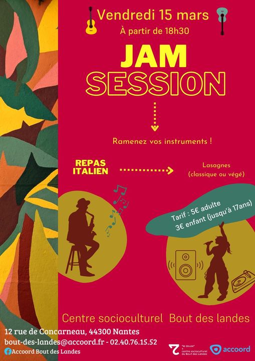 🎷 Soirée jam session à l'Accoord Bout des Landes ce vendredi !! 👨‍🍳 Atelier cuisine en matinée 🎹 Espace scénique avec backline (batterie, piano, amplis guitare et basse), micros et sono 🎸 Vous pouvez apporter votre instrument !! 🎟️ Tarif mineur.e : 3€ / Tarif majeur.e : 5€