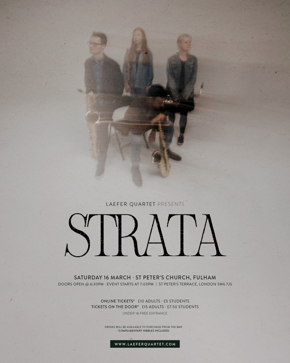 Our official launch event of ‘Strata’ is this Saturday!! Get your tickets 👇 Featuring music and interviews with @_ceharding_, @benolivermusic, @AnnaAppleby, @michael_cryne and more! #album #albumlaunch #strata #london #fulham #saxophone #livemusic eventbrite.com/e/laefer-quart…