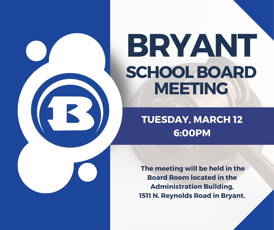 The Bryant School Board will meet tonight (Tuesday, March 12) at 6pm in the Board Room located at the Administration Building, 1511 N. Reynolds Road. Agenda ⇒ bit.ly/49OL27A
