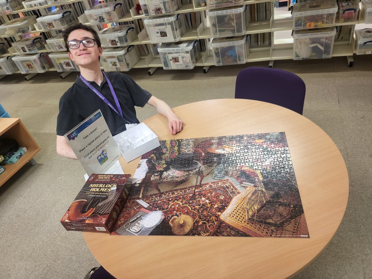 After a long fought battle from staff, student and patients alike, the Sherlock puzzle was finally finished by our @ProjectSearch4 intern. Many thanks to everyone who contributed, new puzzle inbound. #UHDB #library #LKS #Jigsaw #Wellbeing