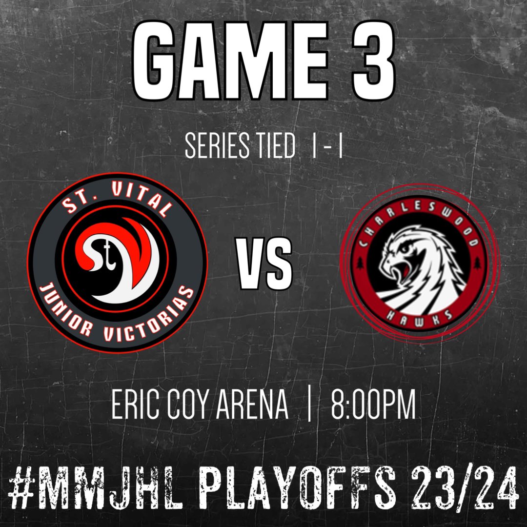 stvitaljrvics's tweet photo. 🚨GAMEDAY🚨
Back to Charleswood tonight as your VICS look to go ahead in the series!
See you down at Eric Coy Arena #VICSfans, as we know you’ll be makin’ some noise for the boys!
🆚 - Hawks
⏱️ - 8:00pm
📍 - Eric Coy Arena
#govics #playoffs #showtime https://t.co/HAq4KJSlKP