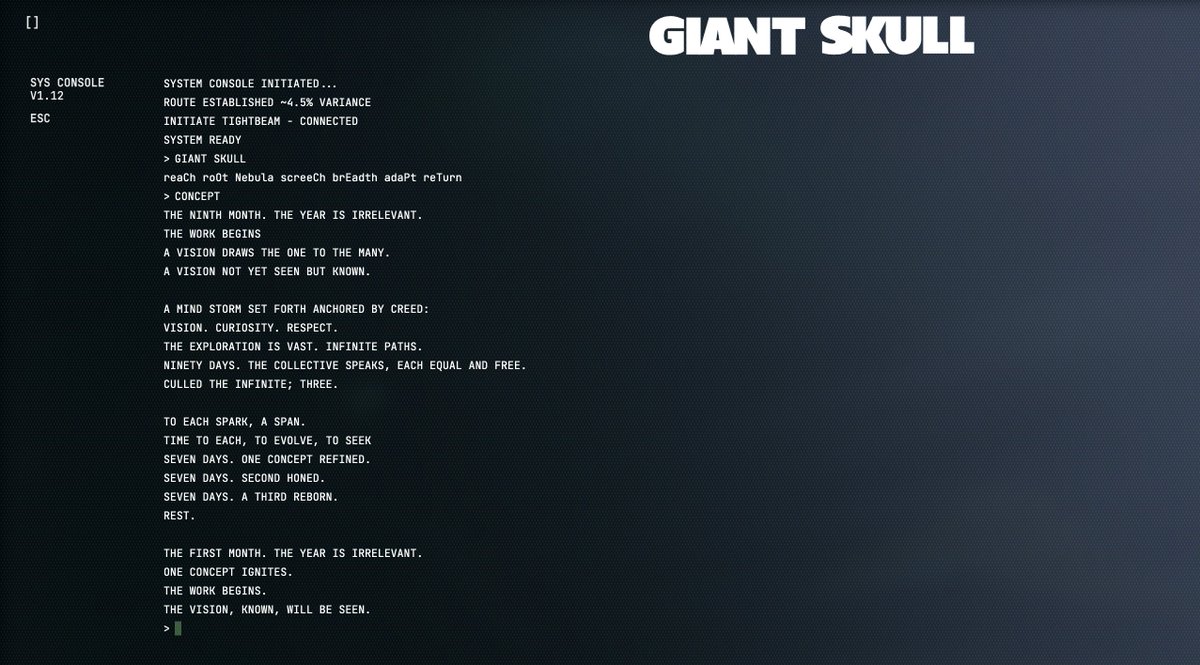TheStarbuck86x's tweet photo. So I went on the website for Giant Skull (Stig Asmussen's new studio) and it's pretty wild. You can type things in command style, so here's what happened when I typed "Giant Skull"

Can't wait to see what they cook up! https://t.co/Tm9pD3LRUG