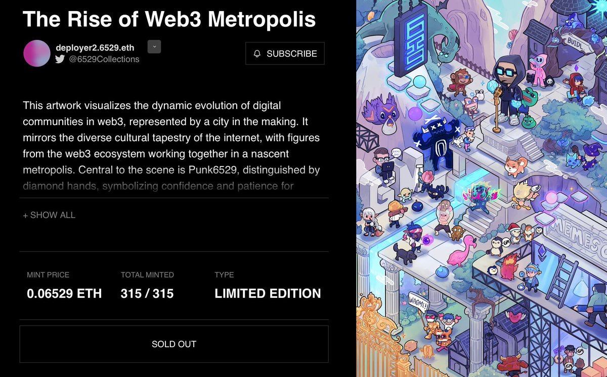 Minting out 315/315 ✅

Meme card 
“The Rise of Web3 Metropolis”

Thank you to everyone who supports me in every way. and 6529team
🙏
<a href="/punk6529/">6529</a> <a href="/DarrenSRS/">DarrenSRS</a> <a href="/6529er/">6529er</a> <a href="/teexels/">teexels</a>