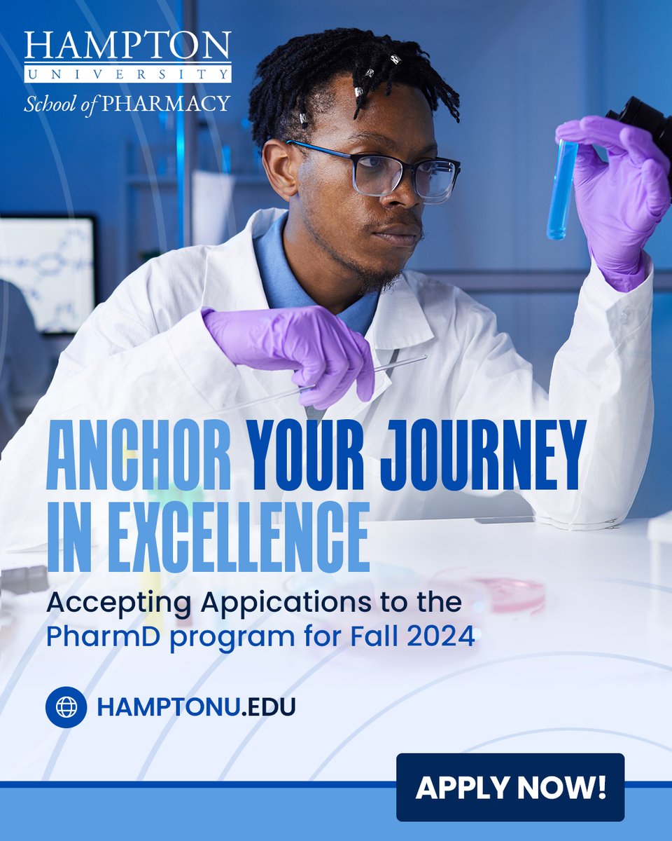 Embark on a journey anchored in excellence with Hampton University School of Pharmacy!  Applications for our PharmD program are now OPEN!  Get ready to sail towards a career in pharmacy! Don’t miss this opportunity to anchor your dreams in excellence.  Apply!
#HUSOP
#onehampton