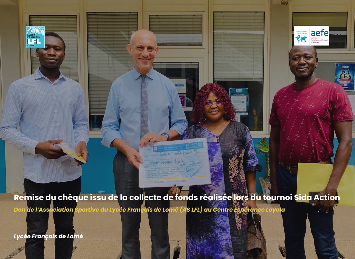 lfl_tg's tweet photo. Remise du chèque de solidarité de l'AS LFL au Centre Espérance Loyola, soutenant la lutte contre le #VIH. Grâce au Tournoi Sida Action, nous contribuons à faire une différence. 🤝
#Solidarité #LutteContreLeVIH #ASLFL #SidaAction https://t.co/SZFFQAPDCj