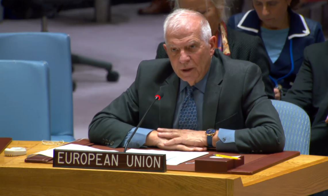 Raminho's tweet photo. In #UNSC, @JosepBorrellF says #Israel is using starvation as a weapon of war: "I don't want to teach any one of you about what is happening in #Gaza. 30,000 people dead, 1.8 million displaced, 500,000 people on the brink of starvation. We are facing now a population fighting for their own survival. Humanitarian assistance needs to get into Gaza and the European Union is working as much as we can in order to make it possible. But this is a humaniatarian crisis which is not a natural disaster. It is not the flood. It is not an earthquake. It is man-made. And when we look for alternative ways of providing support by sea or by air, we have to remind that we have to do it because the natural way of providing support through roads is being closed - artificially closed - and starvation is being used as a war arm. And when we condemn this happening in #Ukraine, we have to use the same words for what's happening in Gaza."