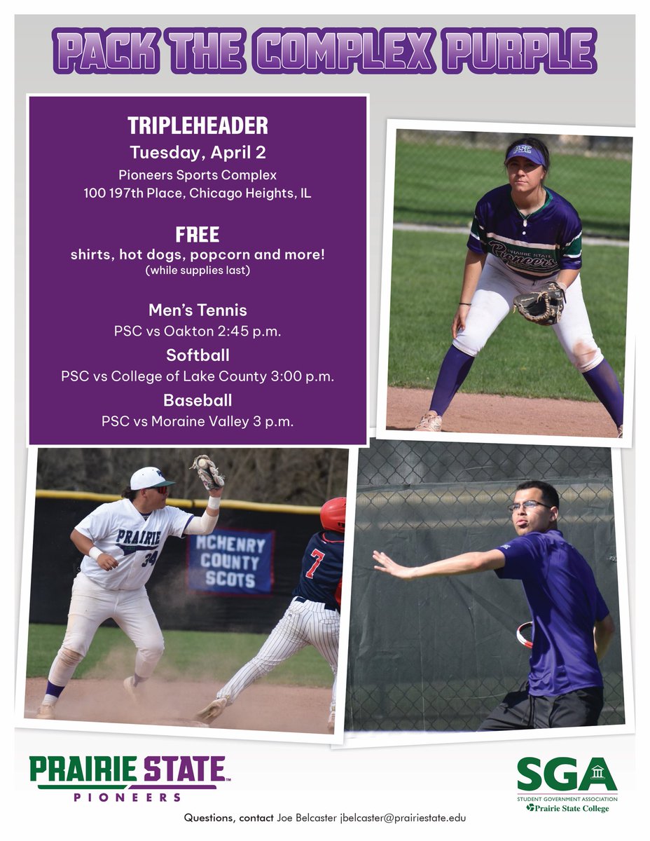 🟣Pack the Complex Purple!🟣 Save the date ‼️ Date: April 2nd Time: 3:00 PM Where: Pioneers Sports Complex Who: Tennis, Softball and Baseball Free: Food and Shirts🍿🌭 🎾⚾️🥎