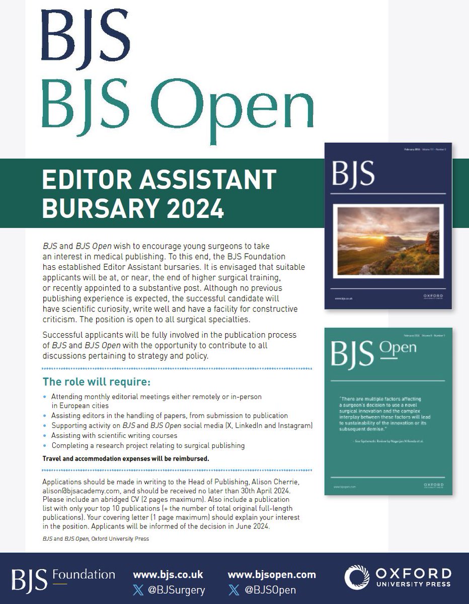 📢 It's that time of year again! 🤝 We are now recruiting the next intake of Editor Assistants to join the editorial teams of BJS and @BjsOpen 📆 Deadline for applications is 30th April 2024 🙌 Reposts would be greatly appreciated! 😷 Find out about more about this exciting