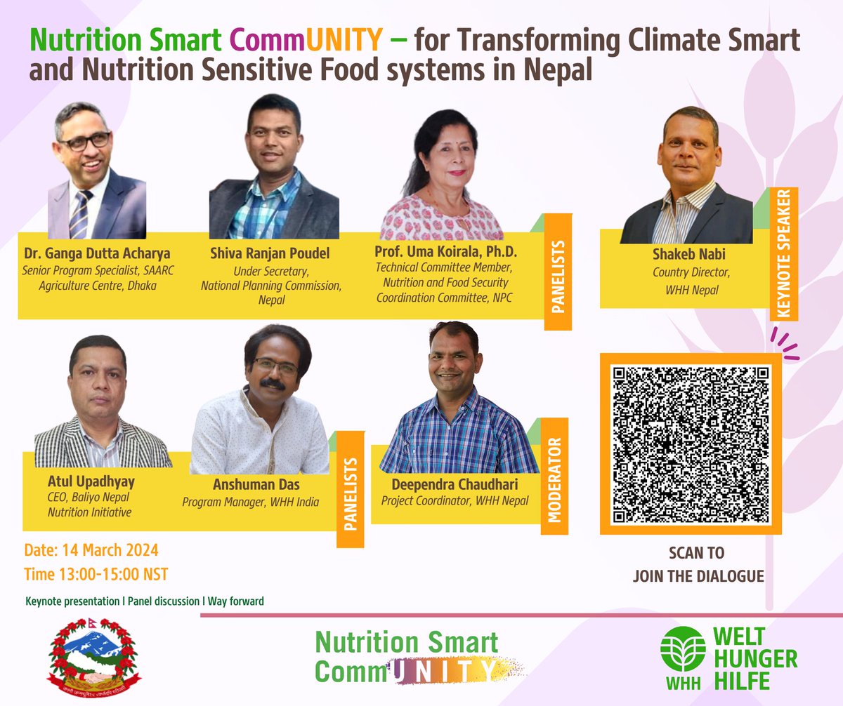 WHH_Nepal's tweet photo. A national dialogue on transforming #climatesmart #nutritionsensitive #foodsystems is happening on March 14, 2024. Make sure to follow this link to participate:https://t.co/1h3r8qhRjS
 #evidencebased #inclusive #accountable #foodsystems @BMZ_Bund @Welthungerhilfe @nutriSmartcomm https://t.co/pFC4cnlEzT