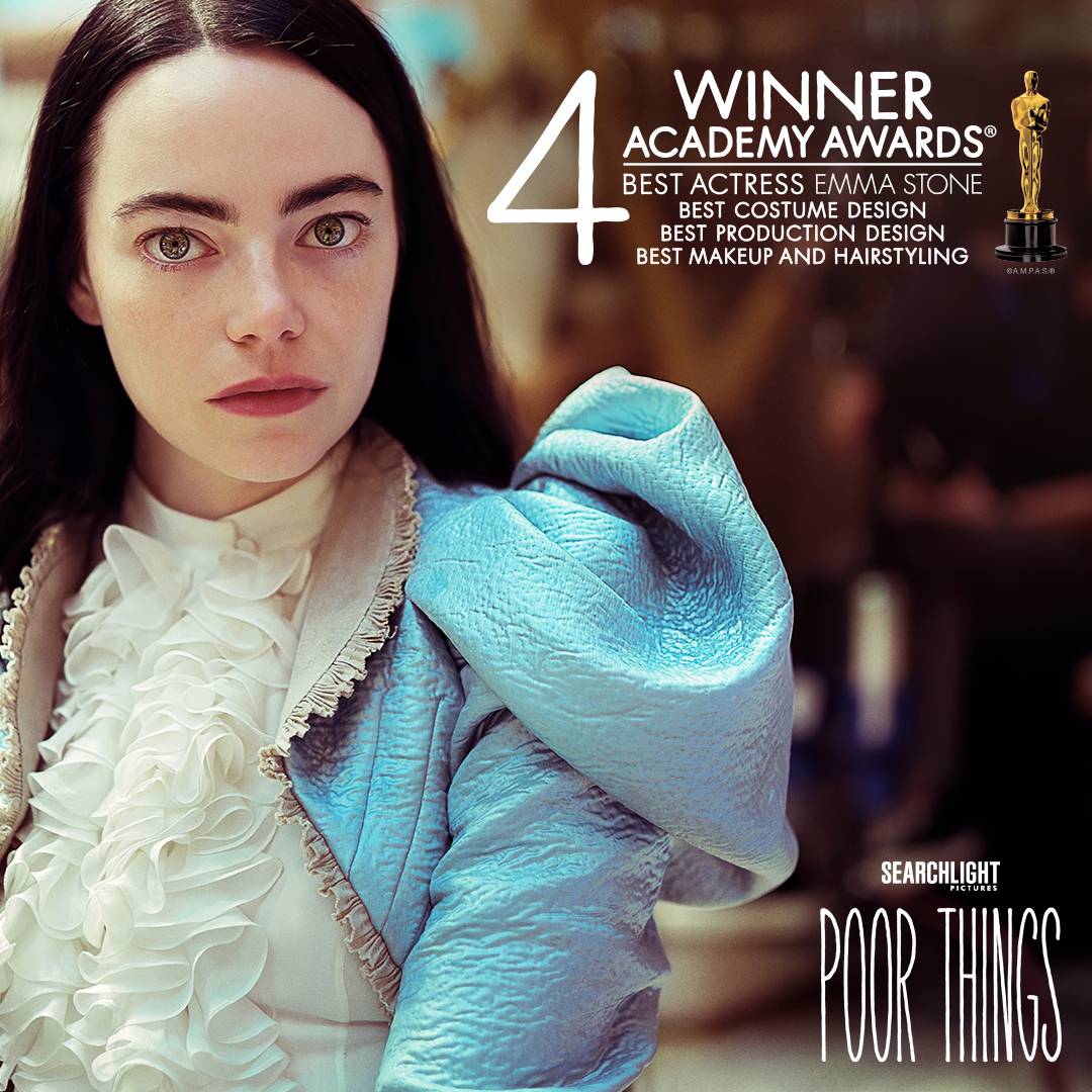 It's enough to make you dizzy with excite. Poor Things won FOUR Oscars at the 96th Academy Awards! #PoorThingsFilm #Oscars