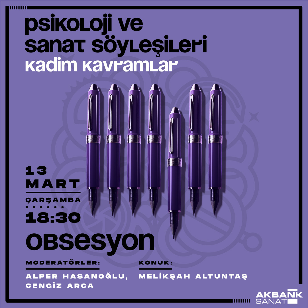 Psikiyatristler Alper Hasanoğlu ve Cengiz Arca’nın hazırlayıp, sunduğu Psikoloji ve Sanat Söyleşileri serisi, Melikşah Altuntaş’ın konuk olacağı “Obsesyon” başlıklı altıncı bölümü ile devam ediyor. Etkinlik 13 Mart Çarşamba akşamı saat 18:30’dan itibaren Akbank Sanat’ta.