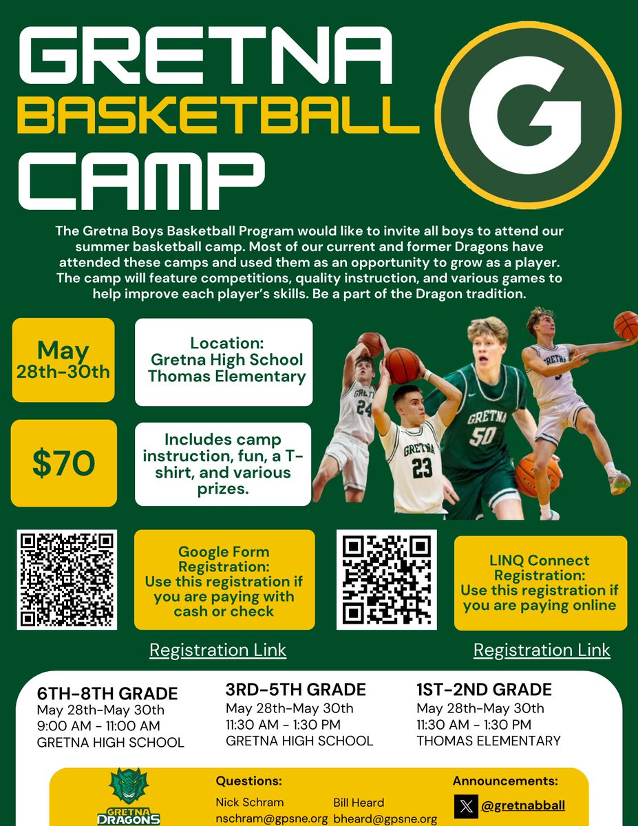🚨GRETNA HIGH SCHOOL BASKETBALL CAMP REGISTRATION IS NOW OPEN🚨

REGISTRATION FORM ⬇️
forms.gle/p5oo7d65yLRZtb…