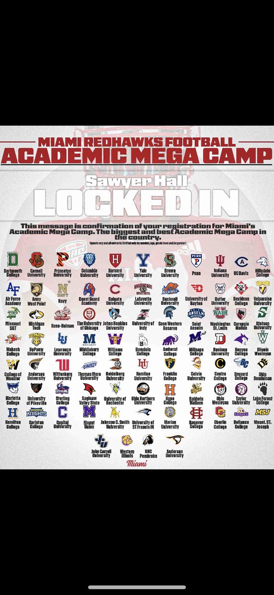Excited to be attending <a href="/MiamiOHFootball/">Miami Football</a> Academic Mega camp! 
<a href="/CoachRenoYale/">Tony Reno</a> <a href="/UIndyFB/">UIndy Football</a> <a href="/CentreFootball/">Centre College Football</a> <a href="/OWUBishopFB/">Ohio Wesleyan Football</a> <a href="/MSJ_FB/">Mount St. Joseph Football</a> <a href="/UPIKEFOOTBALL/">UPIKE FOOTBALL</a> @CaseyAl62171239 <a href="/BreathittFb/">Breathitt Football</a> <a href="/BreathittCoach/">Kyle Moore</a>