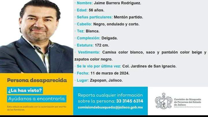 azucenau's tweet photo. #ALMOMENTO | La fiscalía de Jalisco da a conocer la ficha de búsqueda del periodista Jaime Barrera Rodríguez, visto por última vez ayer en Zapopan #AzucenaxFórmula https://t.co/SWnxOFUIIV