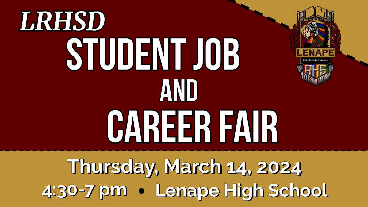 Just two days until our annual job and career fair for all #LRHSD students!  Visit lrhsd.org/JobFair for more information. <a href="/LenapePride/">Lenape</a> <a href="/ShawneeHSNJ/">Shawnee High School</a> <a href="/Cherokee_HS/">Always_a_Chief</a> <a href="/SenecaFamily/">Seneca High School</a>