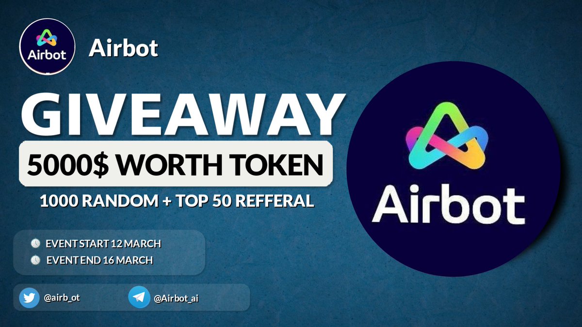 🔥 Airbot Airdrop Event 🎁 Total Airdrop Pool $5000 Worth $ART Tokens ✅ Complete #gleam gleam.io/vtYKx/airbot-a… #Airdrops #Giveaway #crypto #airdropcrypto #airdrop