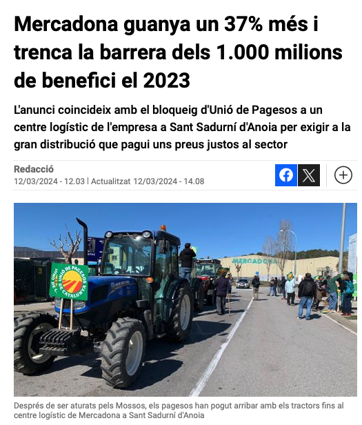 Mercadona es forra.
Els pagesos al carrer.
Cada dia pagues més pels aliments (7,4% d'inflació).

Està claríssim que la lluita per la transformació del sistema alimentari va molt més enllà de la pagesia i ens interpela a totes.

ccma.cat/324/unio-de-pa…