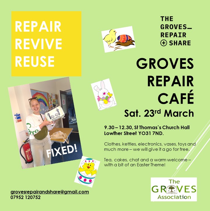 I have had three wonderful times so far mending people's bags, coats, trousers, jeans at the wonderful Repair Cafe near @YorkStJohn - @YSJSU students do bring along anything that needs mending for free - you might even get taught some useful skills!