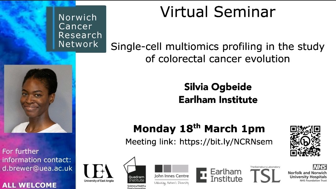 CancerInNorwich's tweet photo. 📢 Our next virtual seminar is on Monday 18th at 1pm! We will be hearing from @PgrSilvia who is presenting about single-cell multiomics profiling in the study of colorectal cancer evolution. All are welcome to join via the link: https://t.co/4xCYpjH2rx #CancerInNorwich #NCRN https://t.co/Pa1zYbEIxu