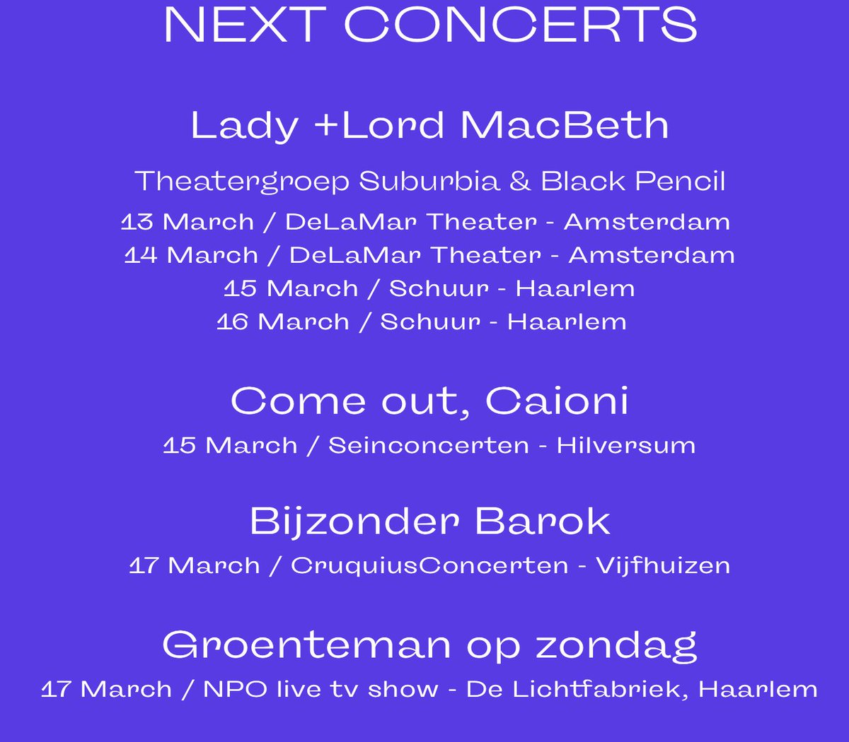 Busy week ahead! From tomorrow until Sunday we'll present 6 performances: Lady+Lord MacBeth with @tgsuburbia, concerts at @Seinconcerten1 and Cruquius Concerten, live broadcast on the TV show Groenteman op zondag on @NPO2 with Gijs Groenteman. Let's go!