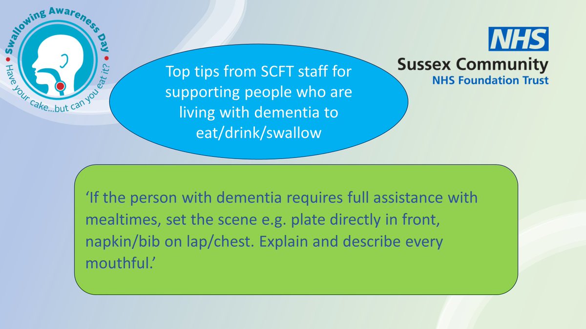 Treating people with dignity and respect was another common theme from our staff @nhs_scft . Ensuring people with dementia are aware of what they are eating is an important part of this. @SCFT_Dementia @RCSLT #SwallowAware2024 #NutritionAndHydrationWeek