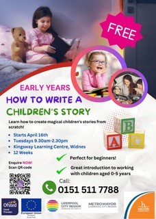 📢 Early Years - How to Write a Children's Story

🗓  Tues 16th April
🕍  Kingsway Learning Centre, Widnes
⏰  9.30am to 2.30pm (12 weeks)
🪙  FREE
🔨  Ideal for adults interested in writing engaging stories for children
📧 Email adult.learning@halton.gov.uk
☎️ Call 0151 511 7788