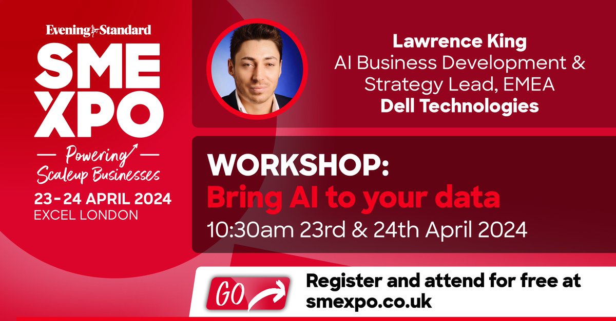 🚀 Exciting Announcement! Join us at SME XPO for a groundbreaking workshop: Bring AI to your data with Lawrence King, for @DellTech. On April 23rd & 24th at 10:30 am. Don't miss out! Secure your spot now: smexpo.co.uk/workshops #SMEXPO #AI #datainnovation