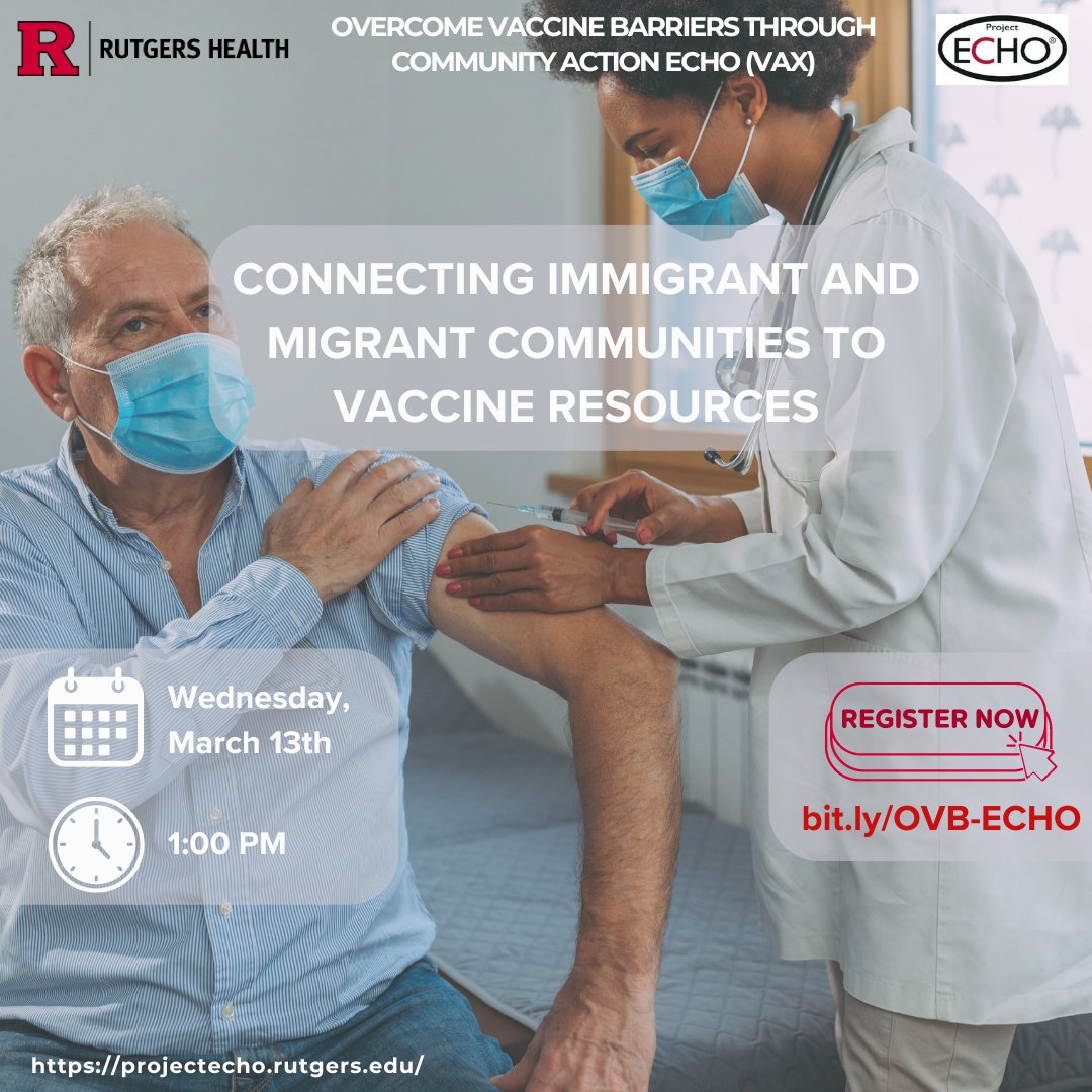 Join us tomorrow (Wed 3/13) for our next VAX ECHO! We'll discuss #barriers to connecting #immigrant and #migrant communities to #vaccineresources, best practices for #outreach, and highlight successful initiatives @NJDeptofHealth Register for Zoom link: bit.ly/OVB-ECHO