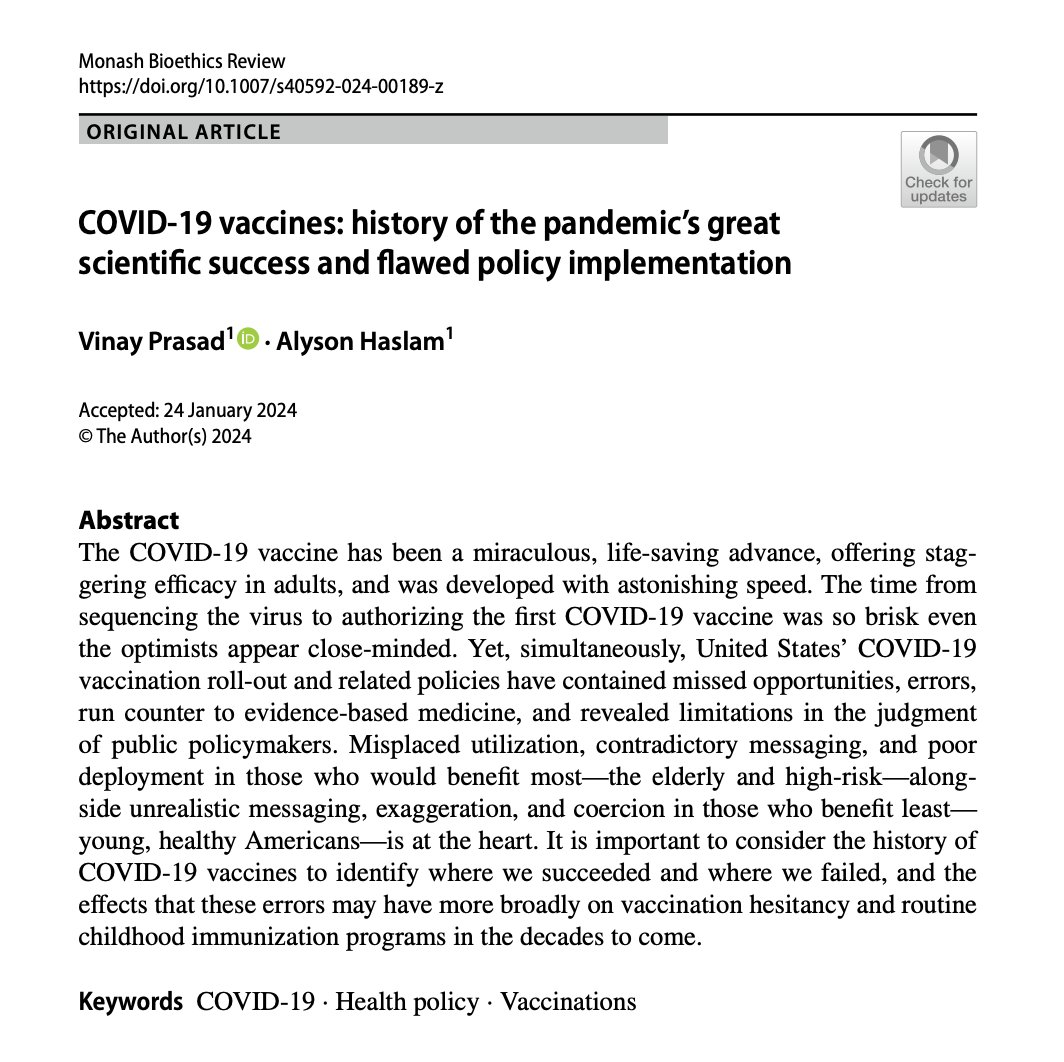Just out in the Monash Bioethics Review!
The definitive history of the COVID19 vaccines
Delaying the vaccine bc of the election
Poor data in children
Poor data for boosters
Ignoring natural immunity and
Unethical vaccine mandates
27 Page PDF
Free link here
link.springer.com/content/pdf/10…